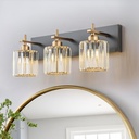 Modern Crystal Bathroom Vanity Lights, 3-Lights Black Gold Bathroom Light Fixtures Over Mirror, Crystal Vanity Light with Polished Gold Finish(Exclude Bulb)