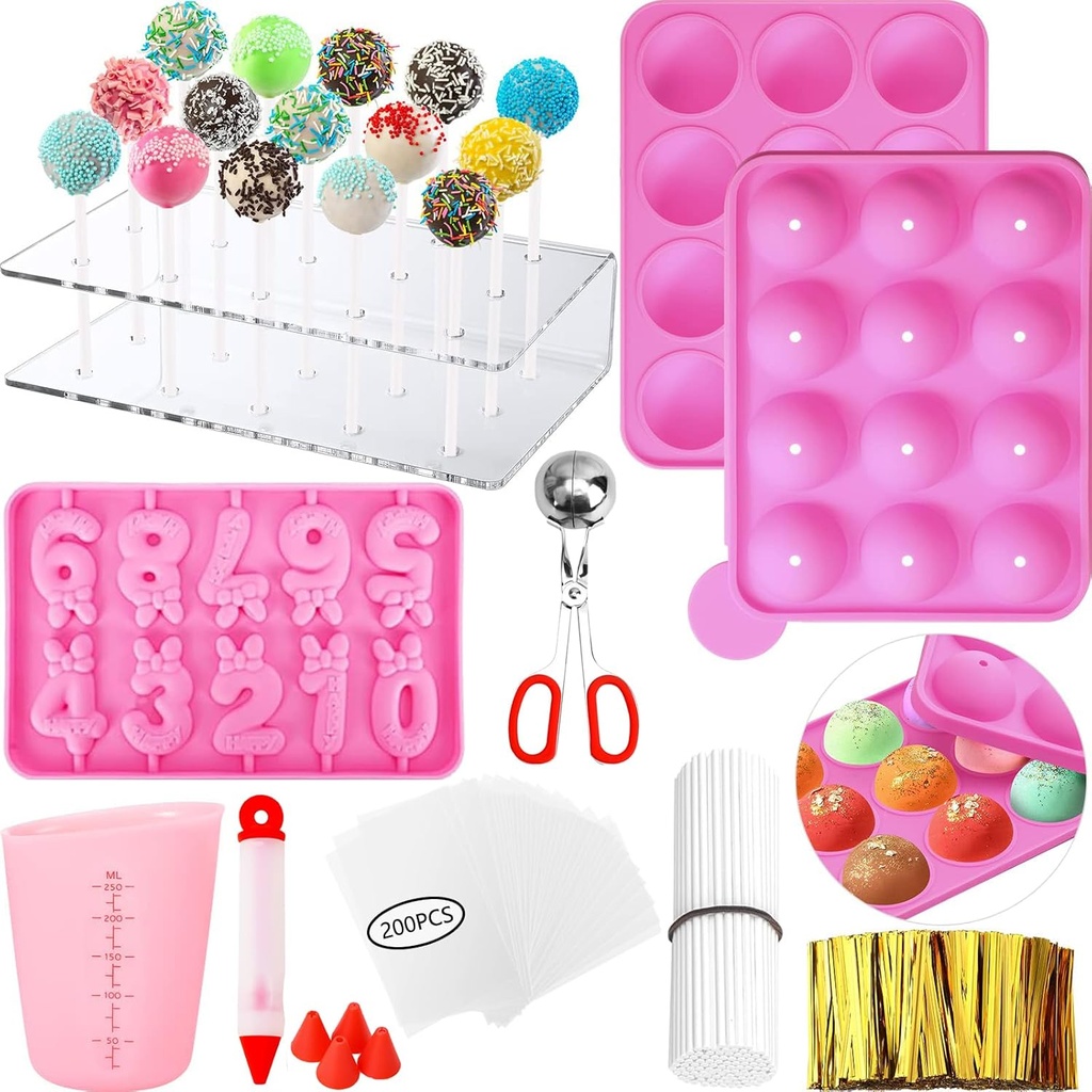 Cake Pop Molds Kit 610PCS Lollipop Cake Pop Maker Set with Cake Pop Stand, Cake Pop Sticks and Wrappers, Decorating Pen, 4 Piping Tips, Measuring Cup, Pink