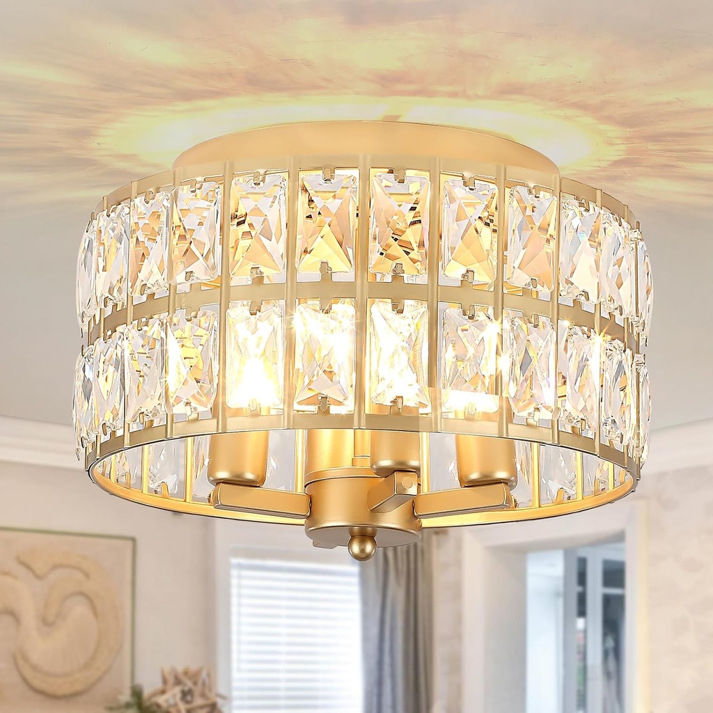 Gold Flush Mount Ceiling Light, 4-Light 11.2 Inch Crystal Flush Mount Ceiling Light Fixture, Round Flush Mount Chandelier for Kitchen, Bathroom, Bedroom, Entryway, Closet