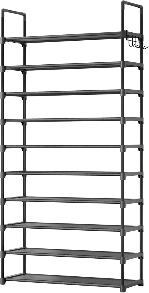 Kitsure Shoe Rack for Closet - 10-Tier Shoe Organizer with Hook Rack, Large-Capacity & Space-Saving Shoe Shelf for Entryway, Bedroom, Living Room,32.2" x 11.8" x 68.5", Black