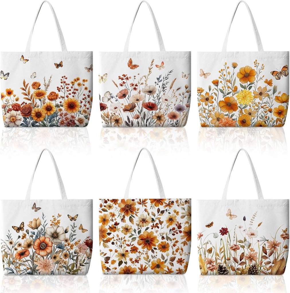 Bencailor 6 Pcs Thanksgiving Canvas Tote Bags Bulk Fall Pumpkin Maple Leaf Flowers Reusable Grocery Tote Bags for Women Gifts