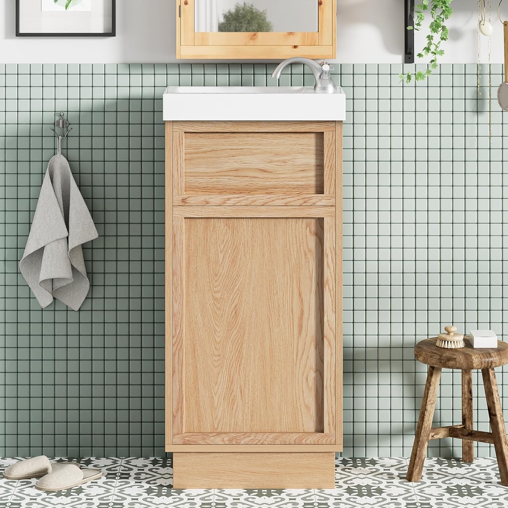 15.75" Inch Small Bathroom Vanity with Sink,Narrow Bathroom Vanity with Reversible Door & Sink,Push-to-Open Door with Plastic Organizer,Adjustable Shelf,Wood Grain Pattern,for Thin & Small Spaces