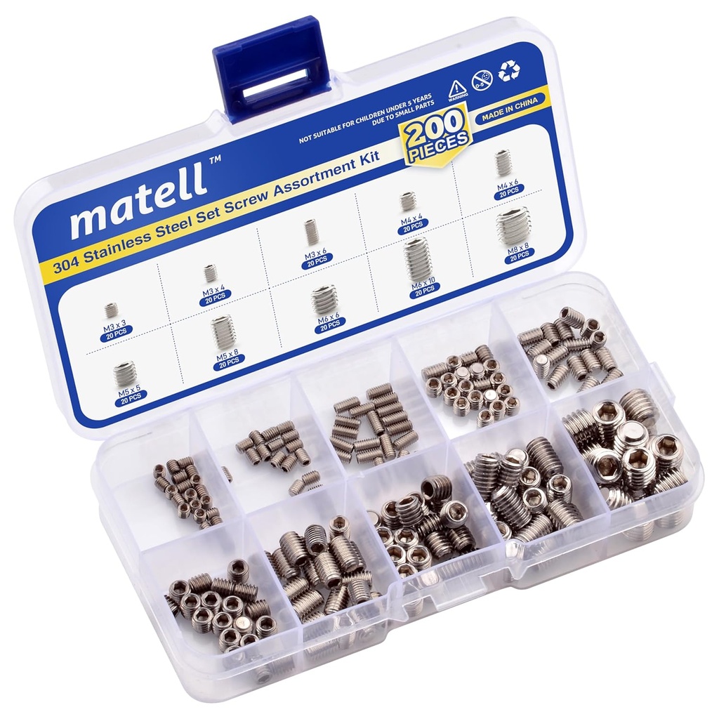 200Pcs Set Screw Assortment Kit, Stainless Steel Hex Allen Head Socket Grub Screw, Stainless Steel Set Screws for Bathroom Fixtures, Door Handles(Size Included: M3 M4 M5 M6 M8)