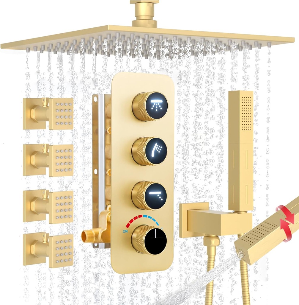 Enga 10" Rain Shower System with Body Jets, Brass Shower Diverter Valve with LED Indicators (Can All Run Together), Ceiling Mounted Full Body Shower Jets System with 2 in 1 Handheld, Brushed Gold
