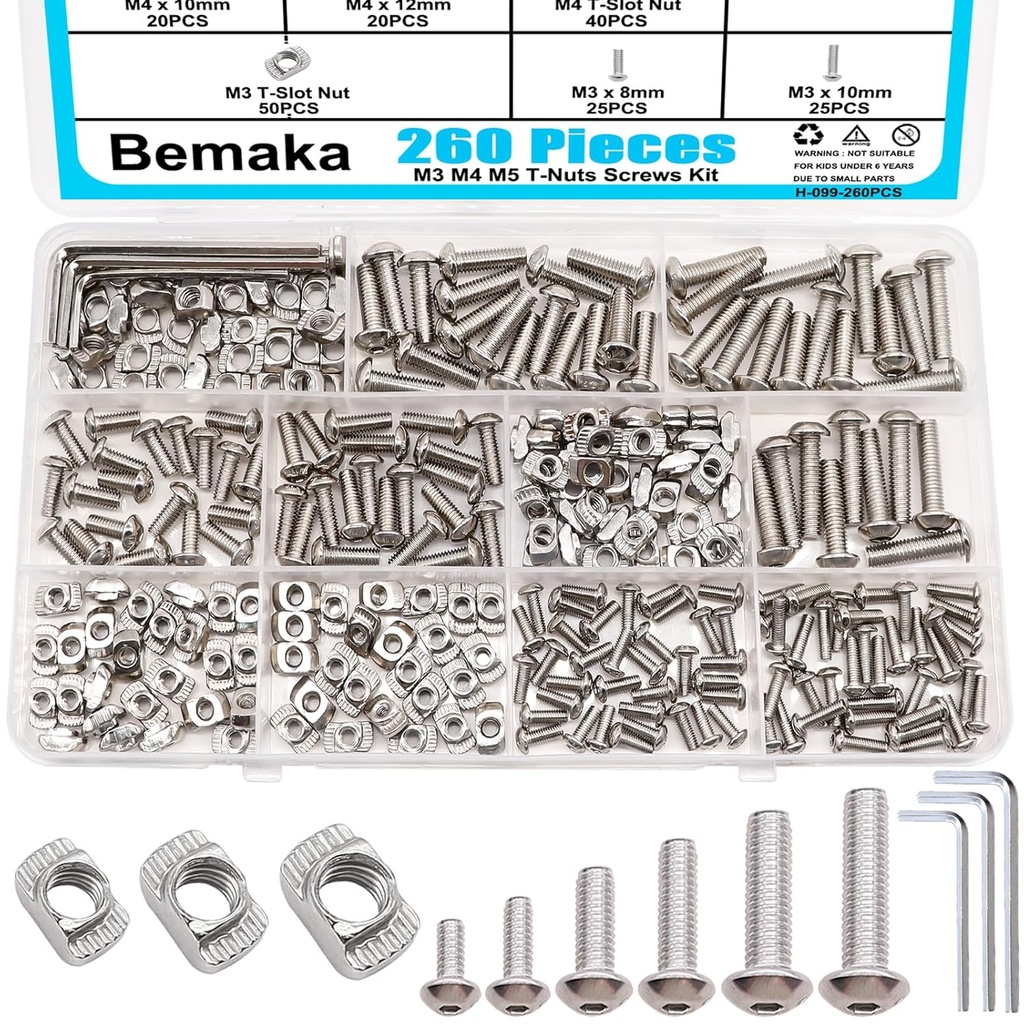 260PCS M3 M4 M5 T Nuts Screws Kit, T Slot Nuts Hammer Head Fastener with Nickel Plated Carbon Steel Button Head Screws for 2020 Series Aluminum Extrusion Profile