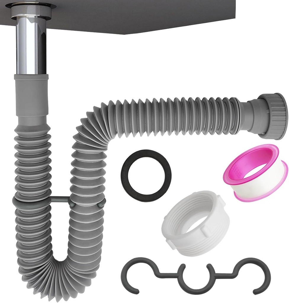 Flexible Expandable Bathroom P Trap, 1 1/4 to 1 1/2 Sink Drain Adapter Included, Wash Basin Rubber Tips Sink Drain Pipe, Universal Extension Tube for Kitchen Bathroom Sink Sewer Drain
