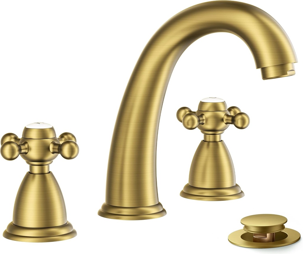 FORIOUS Brushed Gold Bathroom Faucet, Bathroom Sink Faucet 3 Hole with Pop Up Drain and Water Hose Supply, 2 Cross Handle Design, for Vanity RV Farmhouse Sink
