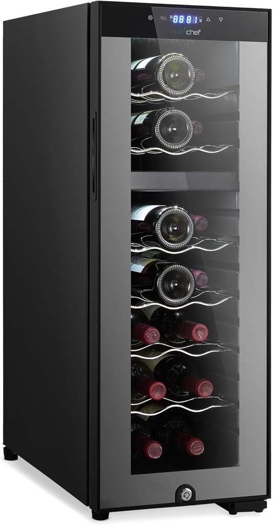 Nutrichef 18 Bottle Wine Fridge | Dual Zone Wine Chiller | Adjustable Temperature 41°F to 64°F | Ultra Quiet Operation | Wine Cooler For Home, & Office | Free Standing 32x11x26 IN (Black)