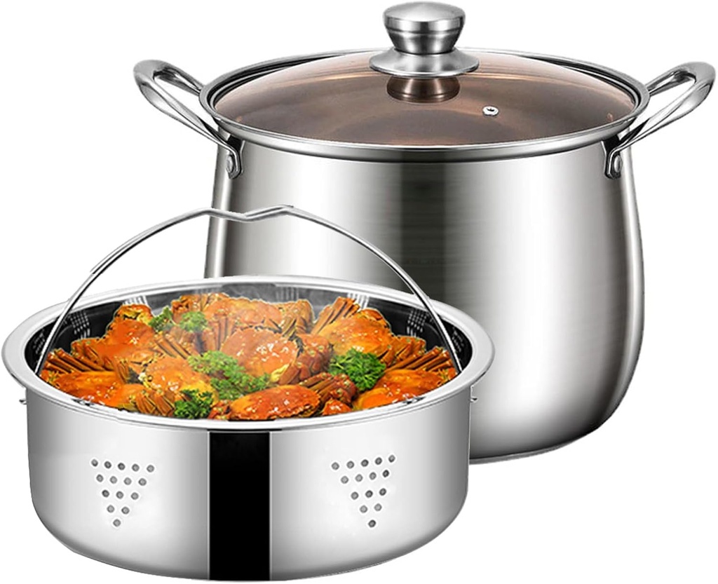 Stainless Steel Stockpot Seafood Steamer with Glass Lid and Basket - 6.7/8.6/10.9Qt Sauce Pan Deep Chicken Stew Pot Multipurpose Stock Pot Pasta Soup Pot for Dumplings, Vegetables or Fish (24cm)