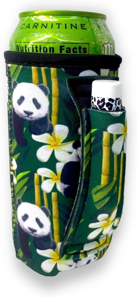 16oz Can Cooler Insulated - Lit Handlers Neoprene Fabric Beverage Cooler Sleeve w/Handle & Pocket -Water Resistant Soda & Energy Drink Holder - Machine Washable Beer Can Covers (Panda Panda)