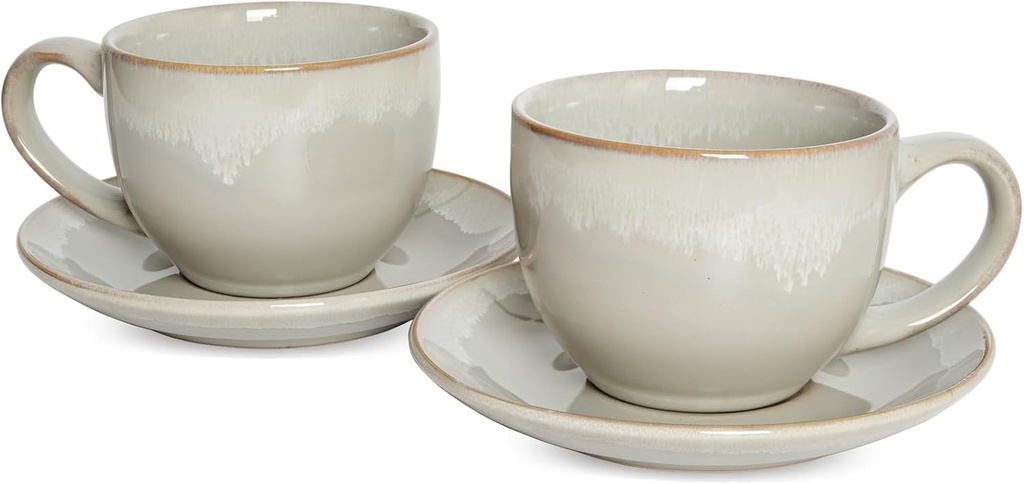 Bosmarlin Ceramic Cappuccino Cup and Saucer Set of 2, 9 Oz, Coffee Cups for Latte, Espresso, Tea, Dishwasher and Microwave Safe, Reavtive Glaze (Grey)