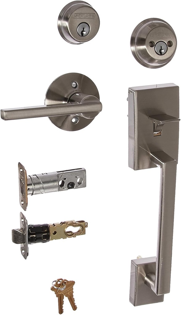 Schlage F62-619 Satin Nickel Century Double Cylinder Handleset with Latitude Lever