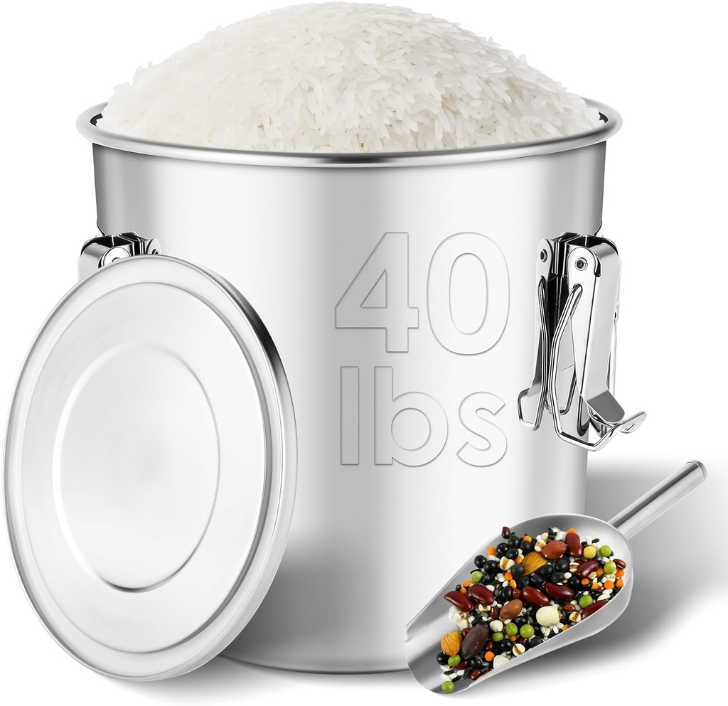 304 Stainless Steel Airtight Canister with Lids,40 lbs Large Capacity Food Storage Containers for Rice Flour Sugar Grain Coffee Bean,Airtight Canister for Kitchen & Pantry Organization