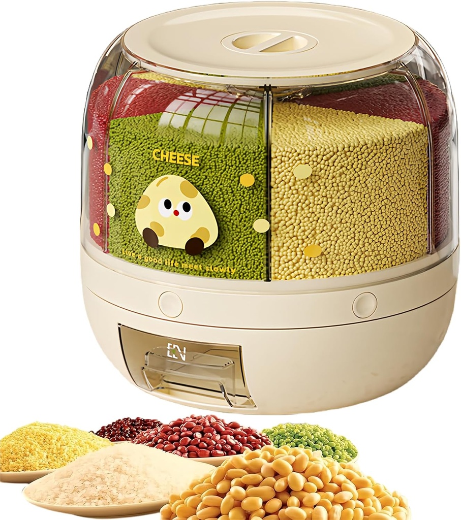 Grain Storage Container Dispenser,6 Grids 360°rotating grain dispenser With Lid,Durable Plastic,Transparent Drawer,One-Click Output for Rice,for Grains Beans Corns, Kitchen Organizer (printing,L)
