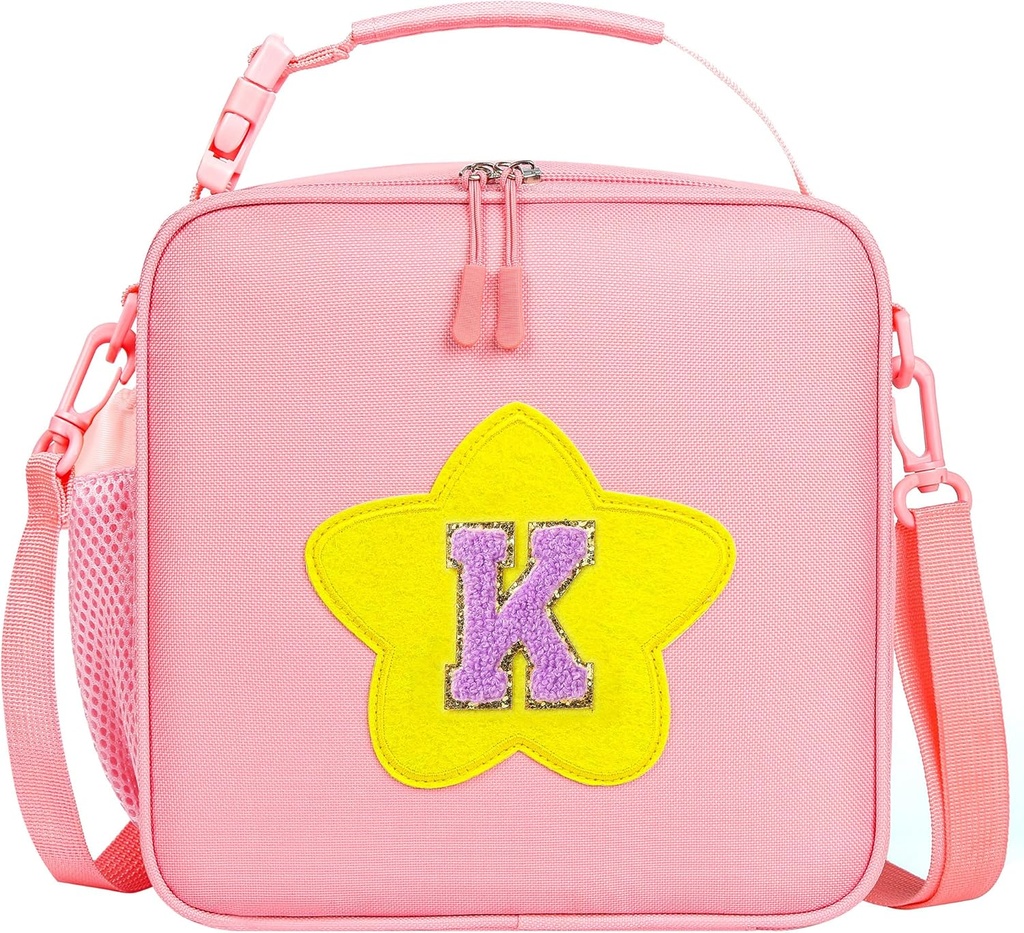 Initial Lunch Box for Women Kids Girls,Cute Pink Insulated Lunch Bag with Chenille Letter, Reusable Square Bento Lunch Box for School Office Picnic,Kids Lunch Bag for Teen Girls (Pink, K)