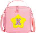 Initial Lunch Box for Women Kids Girls,Cute Pink Insulated Lunch Bag with Chenille Letter, Reusable Square Bento Lunch Box for School Office Picnic,Kids Lunch Bag for Teen Girls (Pink, K)