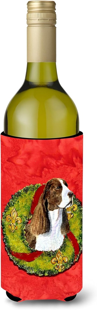 Caroline's Treasures SS4200LITERK Springer Spaniel Cristmas Wreath Wine Bottle Hugger Bottle Cooler Sleeve Hugger Machine Washable Collapsible Insulator Beverage Insulated Holder