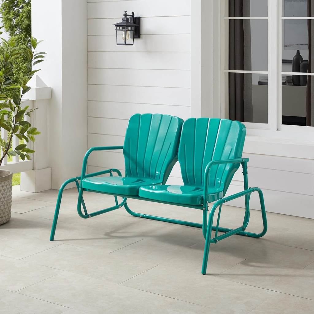 Maykoosh Antique Bohemian Metal Loveseat Glider, Turquoise Gloss, 33" D x 47.5" W x 32.5" H, Durrable Sturdy Powder-Coated Steel Construction, Modern Outdoor Patio Loveseat
