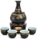 Foraineam Ceramic Sake Set with Warmer Pot, Japanese Style Porcelain Pottery Hot Cold Saki Drink Bottle Stovetop Set, 7 Pieces Set with 1 Candle Stove, 1 Warming Bowl, 1 Sake Bottle, 4 Sake Cups