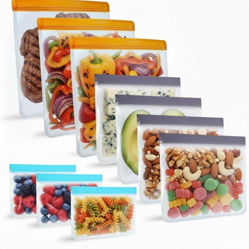 10 Pack Dishwasher Safe Reusable Bags, Leakproof Reusable freezer Bags,BPA-Free Food Storage Bags for Meal Prep, Travel, and Everyday Use - 3 Gallon 4 Sandwich 3 Snack