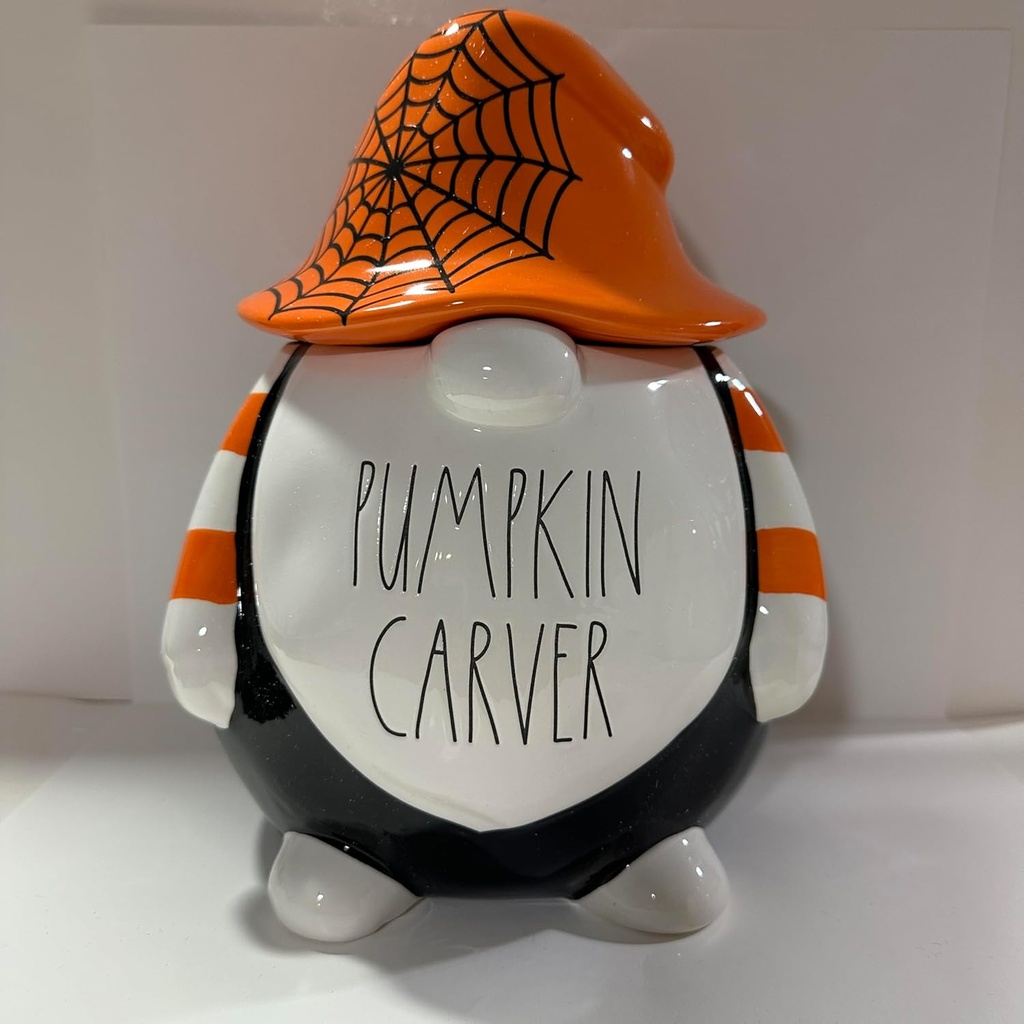 Rae – PUMPKIN CARVER Ceramic Cookie Jar with Spiderweb Hat | Halloween & Thanksgiving Pumpkin Carving Kitchen Décor | Dunn By Magenta Seasonal Collectible Canister