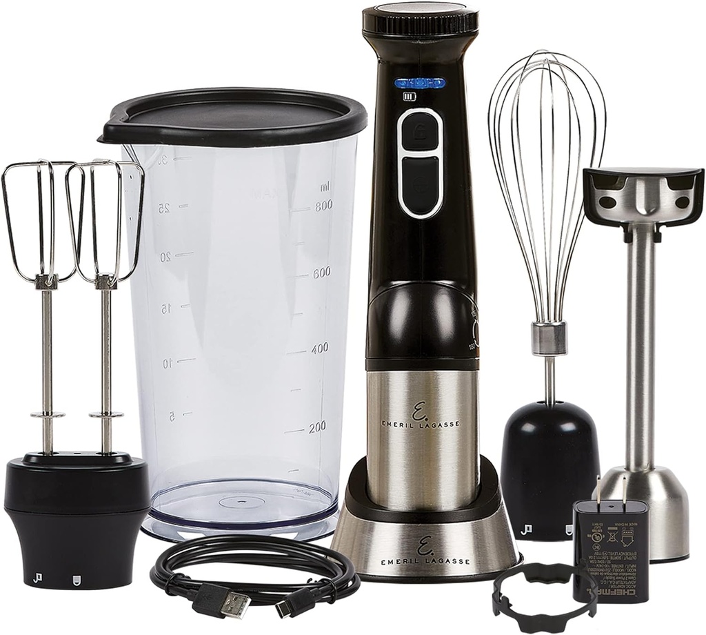 Emeril Everyday Blender & Beyond Immersion Hand Blender, Cordless with Charging Station, Whisk and Double Beater Included.