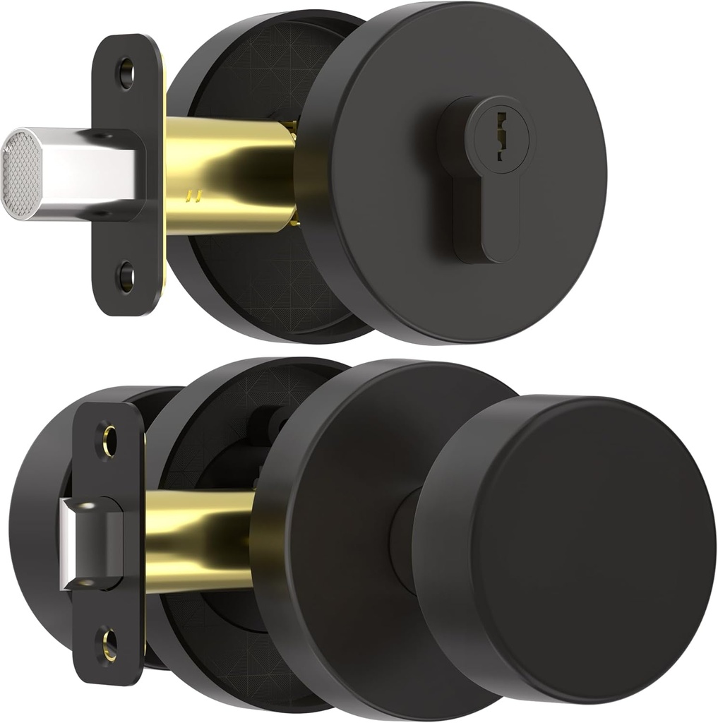 Exterior Black Door Knob with Single Cylinder Deadbolt Lock Set, Round Entry Door Knob with Deadbolt Locksets, Matte Black Front Door Lock Set, Black Front Door Handle and Deadbolt Set