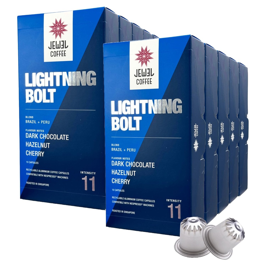 Jewel Coffee Specialty Coffee Pods - Lightning Bolt Blend, 100% Arabica Coffee, Intensity 11, Dark Roast, Compatible with Original Nespresso Machines, 100 Count (10 Boxes of 10 Espresso Pods)
