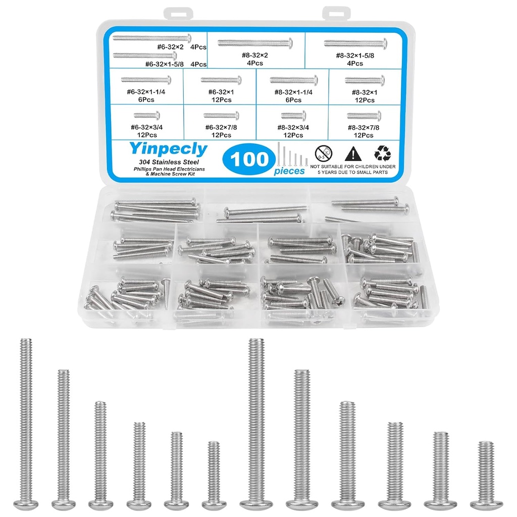 Yinpecly 100 PCS Machine Screws, #6-32#8-32 Phillips Pan Head Electricians Screw 304 Stainless Steel Screws for Electrical Wall Plate Switch, Receptacles Mounting Screws