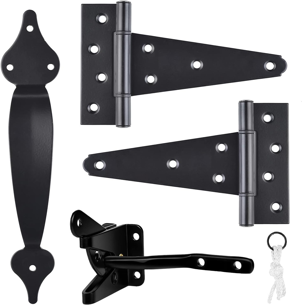 Gate Hardware Kit Heavy Duty,with Self Locking Gate Latch,6 inch T Strap Gate Hinges and 10 inch Gate Door Handle Pull,Shed Door Hardware Set for Wooden Vinyl Fence,Gate,Farm,Garden,Black Finish