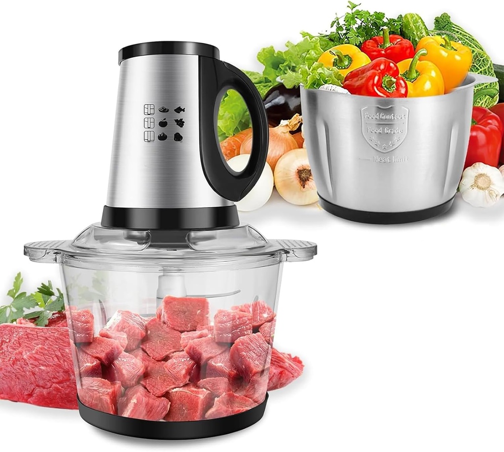 Electric Food Chopper, Stainless Steel Food Processors with Handle, Non-slip Mat and Stainless Steel Blades, Two-speed Adjustment and Easy To Clean Store & Carry for