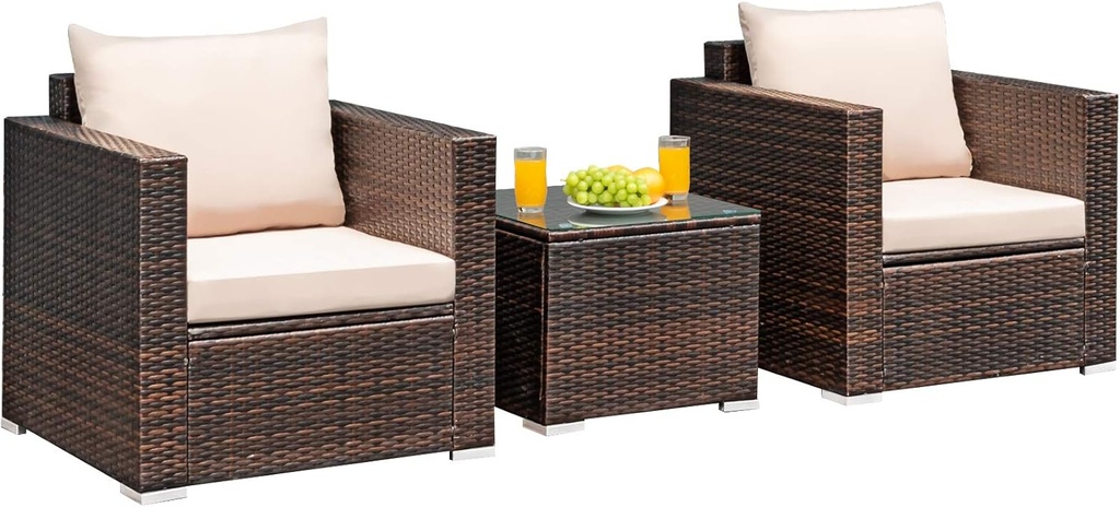 Tangkula 3 Pieces Patio Furniture Set, Outdoor Conversation Rattan Furniture Set w/Washable Cushion and Tempered Glass Tabletop, PE Rattan Wicker Sofa Set for Garden Poolside Balcony