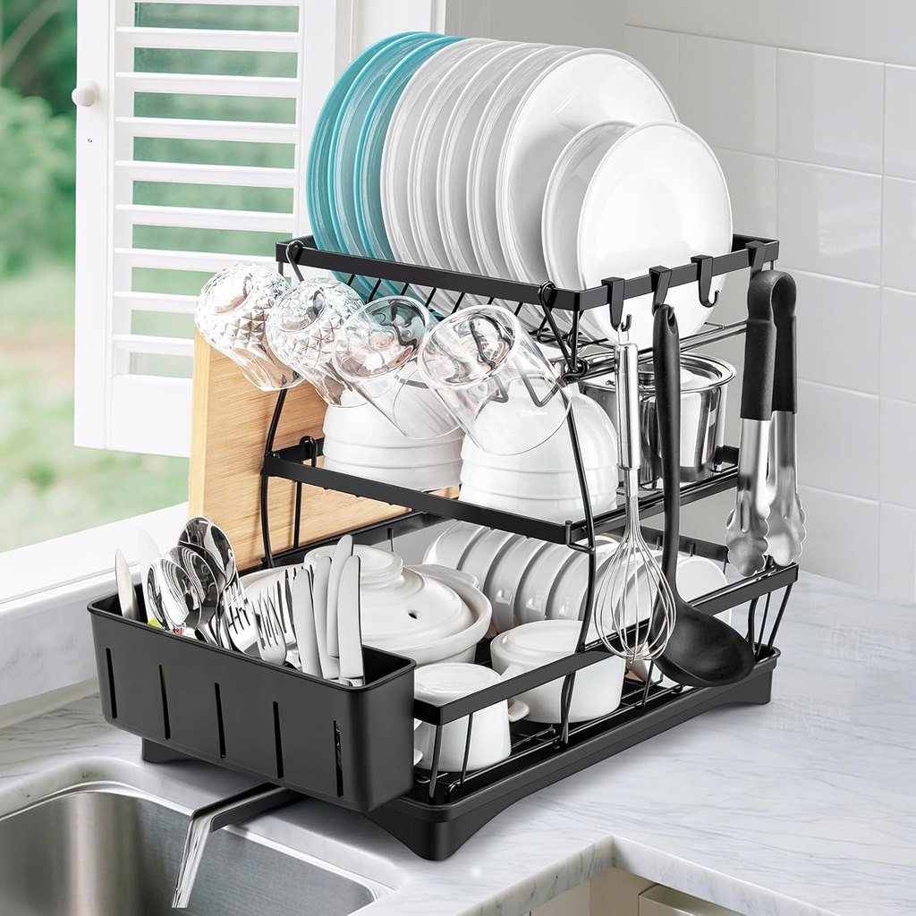 Dish Drying Rack for Kitchen Counter - 3 Tiers Stainless Steel Over Sink Dish Drainers, Space Saving Detachable Large Countertop Organizer with Utensil Holder, Cutting Board Rack (Black)