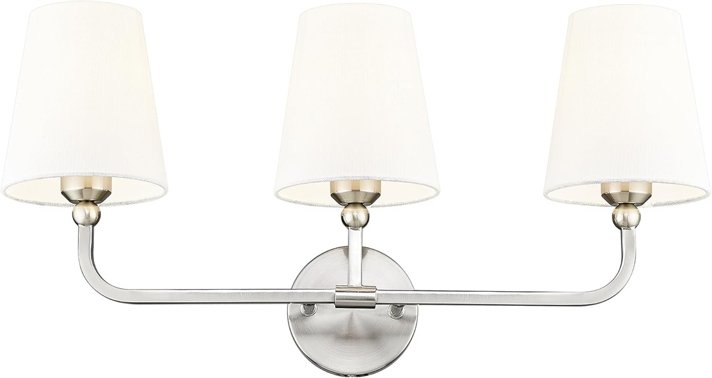 Bathroom Light Fixtures, Brushed Nickel Vanity Lights with Flared White Fabric Shade, 3 Light Wall Sconce, Modern Sconces Wall Lighting for Hallway Bedroom, VL837-BN-3