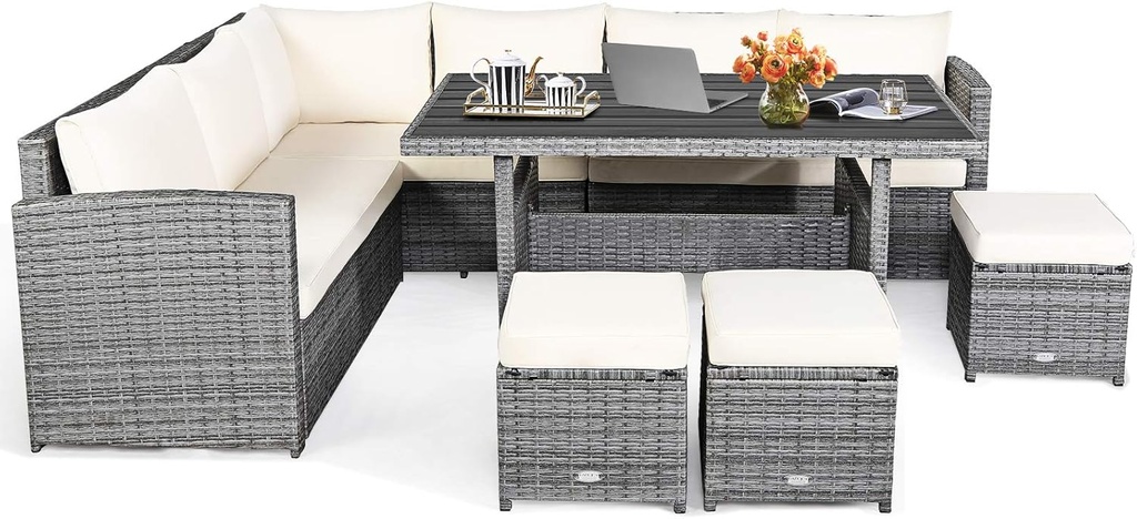 HAPPYGRILL 7 Pieces Rattan Wicker Patio Conversation Set, Outdoor Patio Furniture Set with Cushions, Rattan Sofa Set with Dining Table & Ottomans for Poolside Backyard Balcony Garden (Beige)