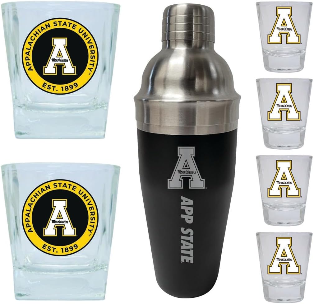R and R Imports Appalachian State Officially Licensed Collegiate Barware Set – 7-Piece Cocktail & Whiskey Glass Gift Pack