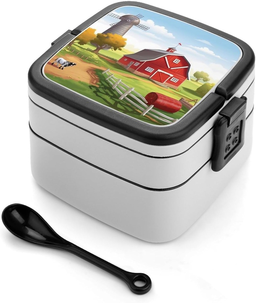 Bento Box for Adult Cartoon Red Farm Bento Lunch Box with 2 Compartments Stackable Lunch Container Reusable Food Storage Container Meal Prep Snack Containers