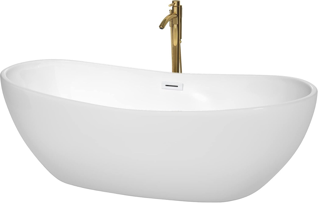 Rebecca 70 Inch Freestanding Bathtub in White with Shiny White Trim and Floor Mounted Faucet in Brushed Gold
