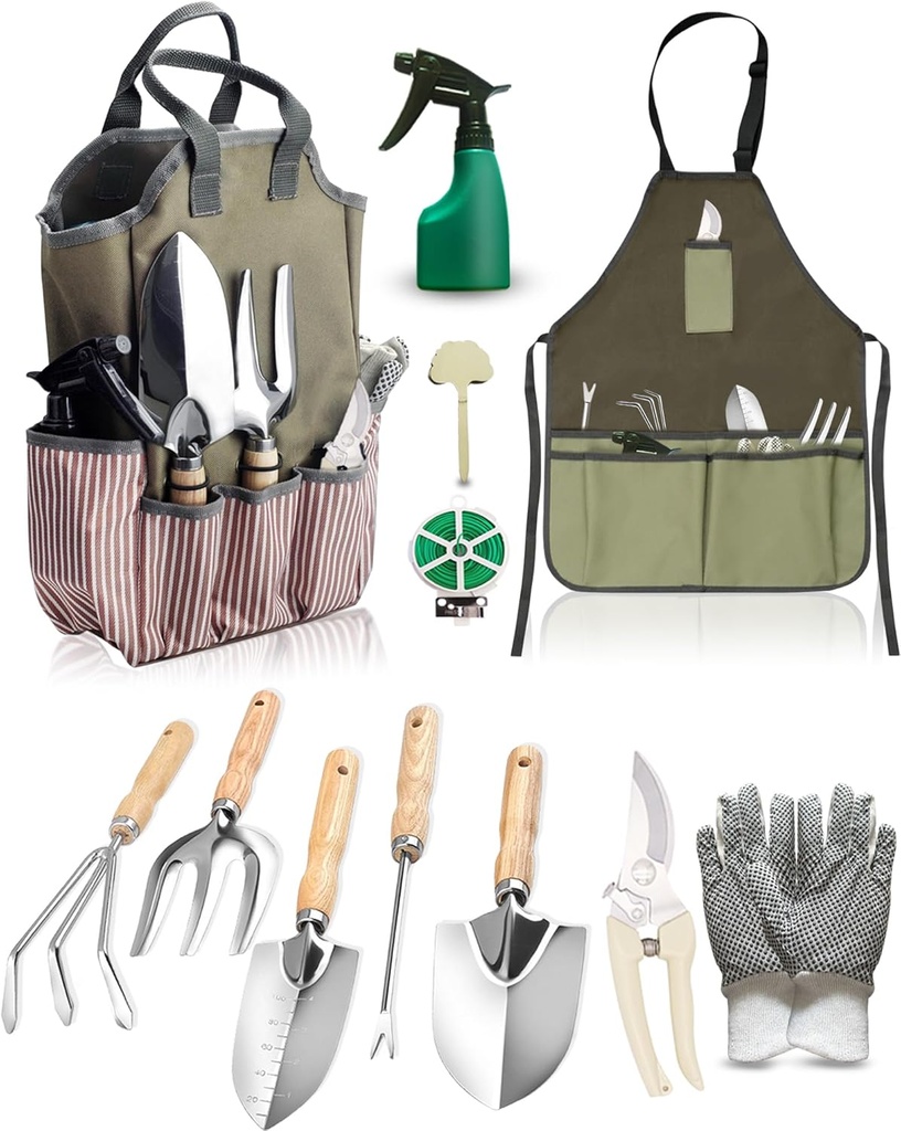 Garden Tool Set, Beswill 12 Pieces Heavy Duty Gardening Hand Tools with Garden Tools Organizer Handbag, Apron, Rust-Proof Stainless Steel Gardening Kit, Wood Handle, Ideal Garden Gifts for Women Men