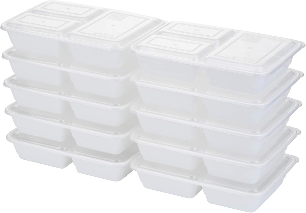 GoodCook Meal Prep Rectangle Three Compartment 20-Piece, White, Made without BPA