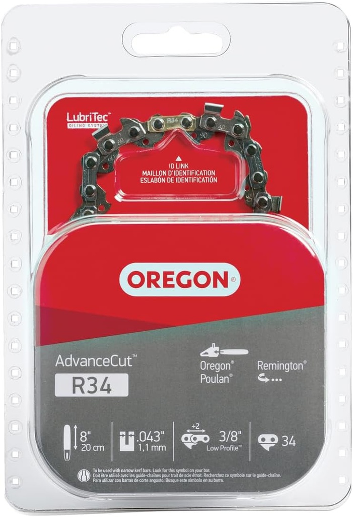 Oregon R34 AdvanceCut Replacement Chainsaw and Pole Saw Chain, for 8" Guide Bars, 34 Drive Links, Pitch: 3/8" Low Profile, .043" Gauge