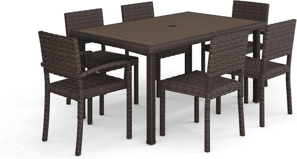 Martha Stewart Bedford 7-Piece Indoor-Outdoor Dining Set with 6 Stackable Chairs and 62" Patio Table with Faux Wood Top and Rattan Wicker Finish in Brown