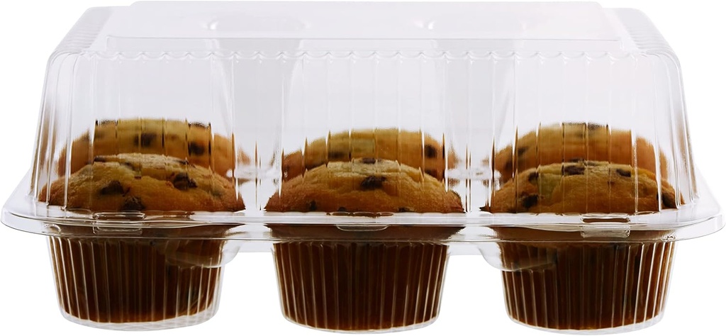 [100 Pack] Clear Plastic 6 Compartment Muffin Containers - Disposable Clear Cupcake Boxes - 6 Cavity Holders with Hinged Design - Half Dozen Cupcake Carrier Durable Holder - Disposable Deep Plastic Cupcake Containers - Bakery, Takeout, Wedding, Party