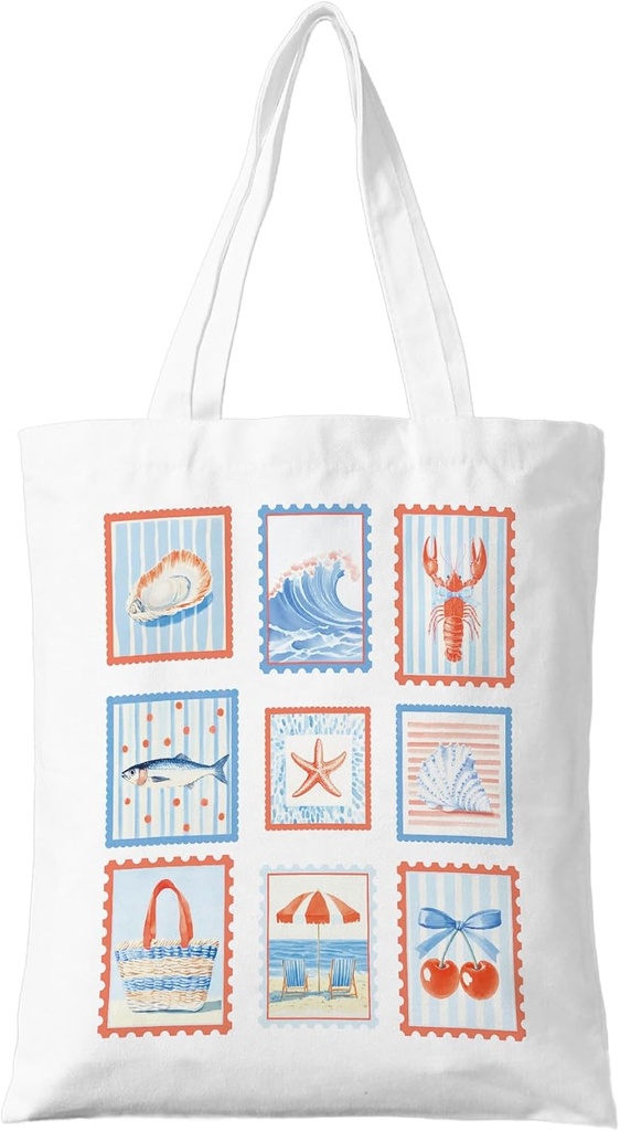 Coastal Retro Beach Stamp Canvas Tote Bag - Vintage Seaside Design Reusable Grocery Bag - Nautical Aesthetic Beach Tote for Summer, Travel. (125)