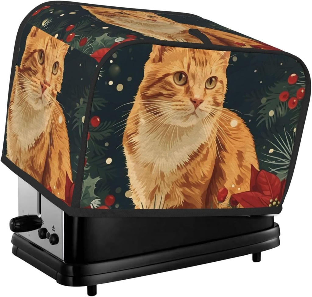 Poinsettia Yellow Cat Pattern Toaster Cover 2 Slice Washable Bread Maker Cover Decorative Kitchen Small Appliance Covers Dust Protection Stain Resistant Bread Machine Protector with Top Handle