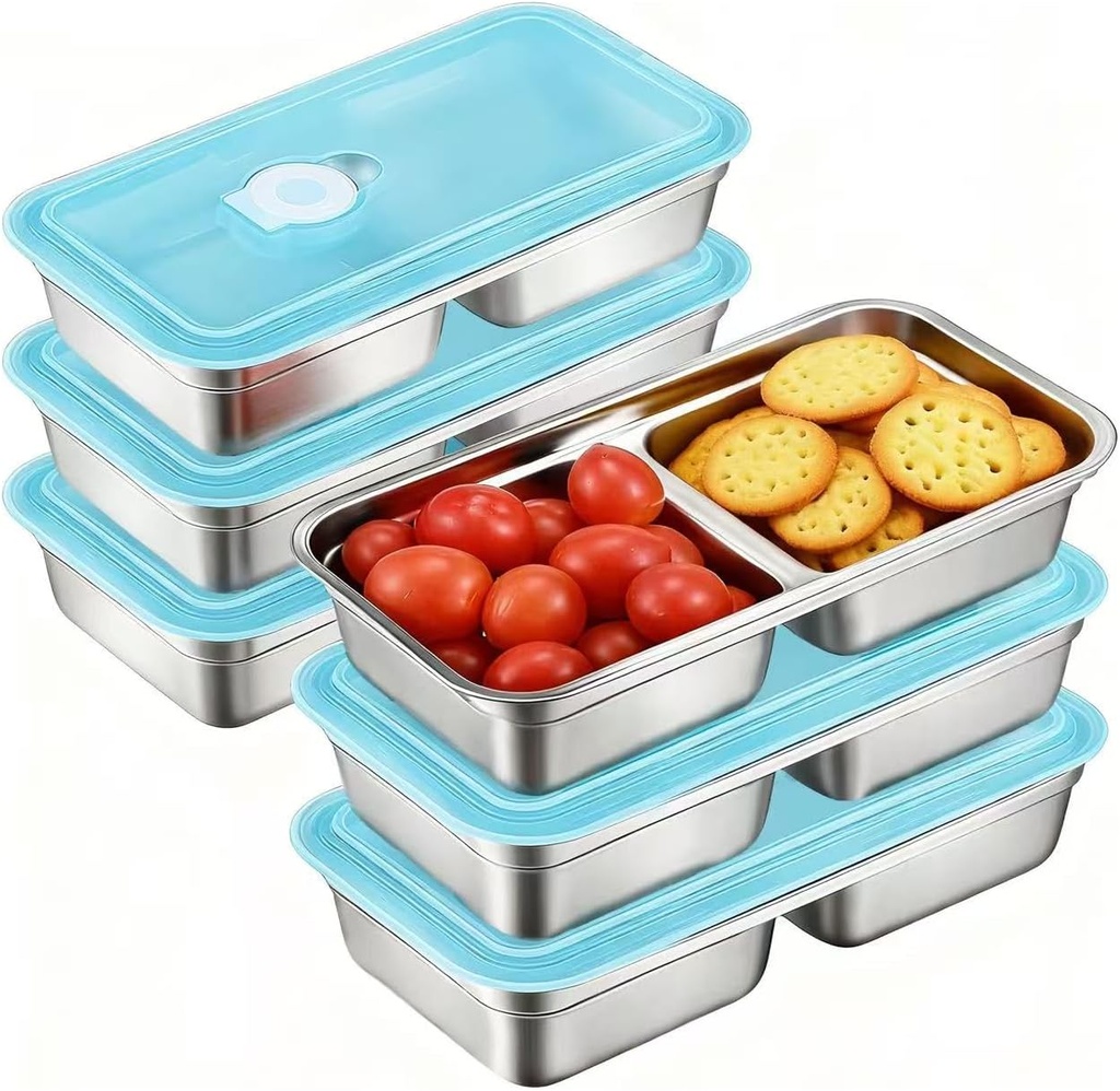 6 Pcs 304 Stainless Steel Snack Containers with Lids, 30 oz Double Compartment Snack Box, Reusable Bento Snac Box Ideal for Family, Meal Prep, Office, Work, Travel and Camping, Dishwasher-Safe