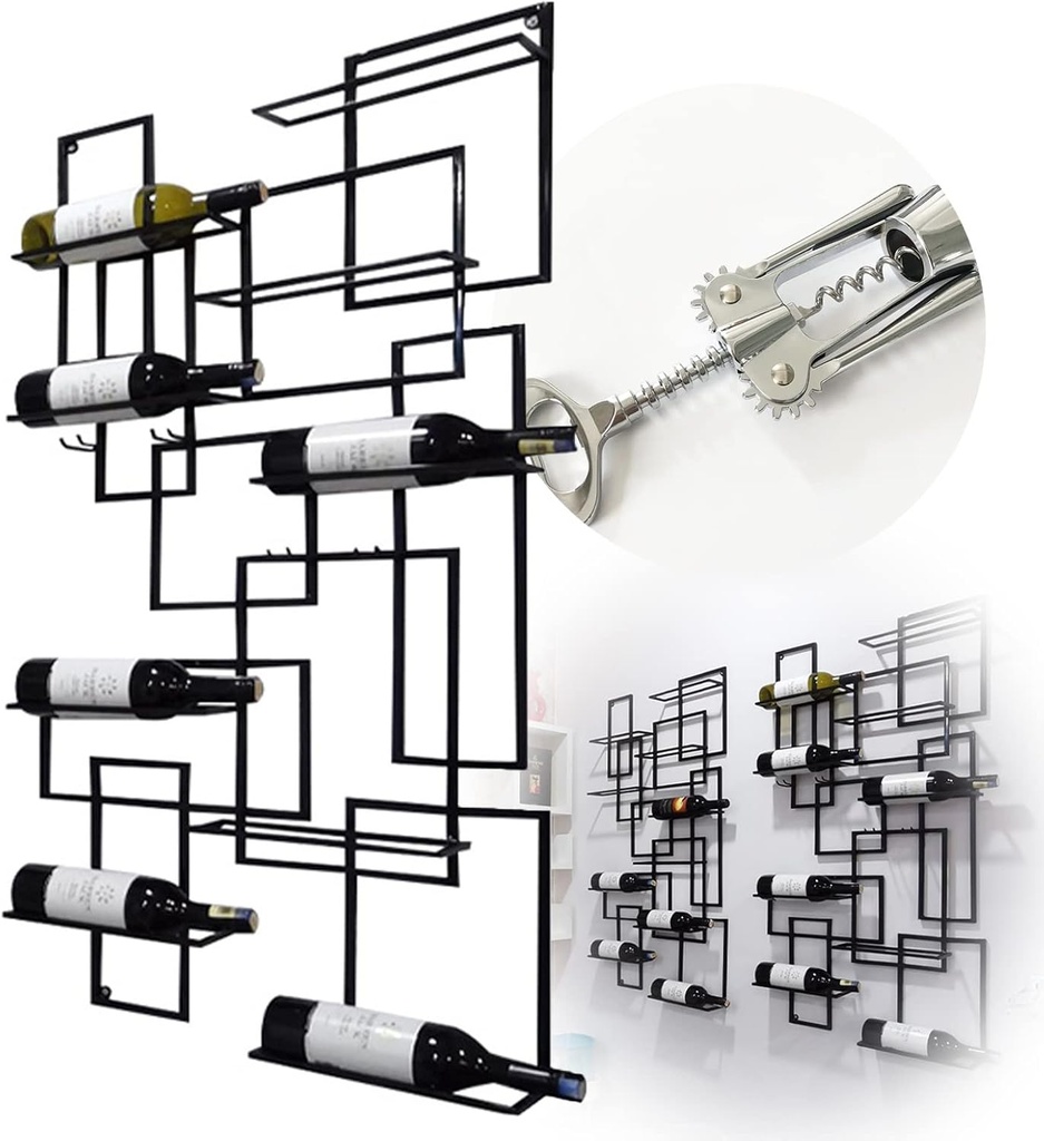 Vertical Wall-Mounted Wine Rack for 10 Wine Bottles with Wine Bottle Opener, Red Wine Bottle Display Holder for for Bar, Home, Wine Cellar, Kitchen, Metal