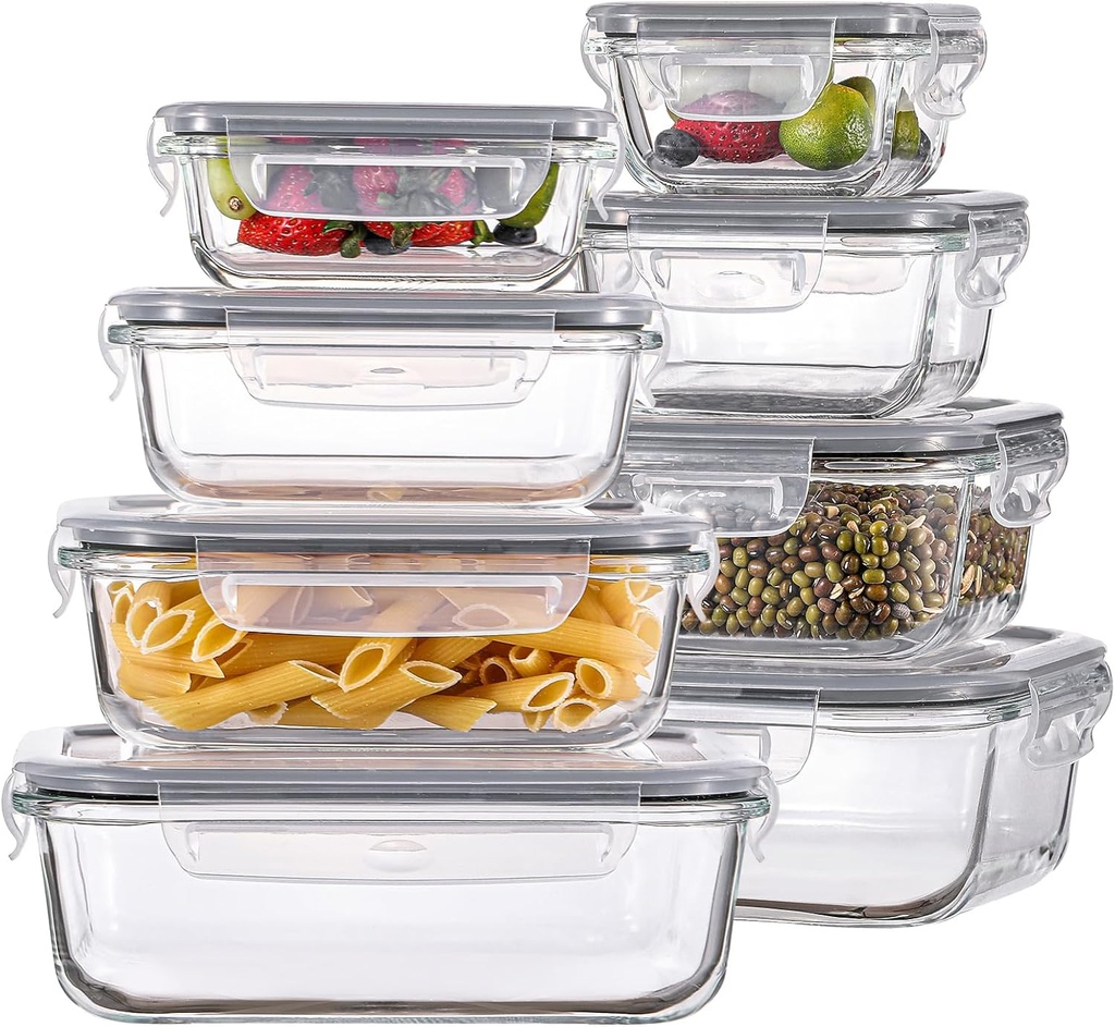 HOMBERKING 8 Pack Glass Food Storage Containers with Lids, Meal Prep Containers, Airtight Bento Boxes with Leak Proof Locking for Microwave, Oven, Freezer and Dishwasher, BPA Free, 5-35oz
