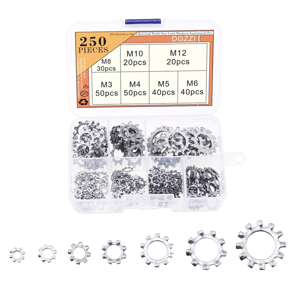 DGZZI 250PCS 7 Sizes Silver 304 Stainless Steel External Tooth Star Lock Washer Assortment Set Suitable for Industrial Production and Ship Assembly and Building Facades