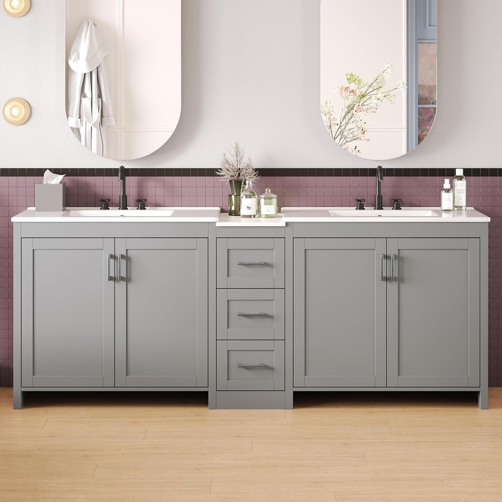 Christopher Knight Home Berkin 84" Modern Double Bathroom Vanity with Sink Combo, Modern Freestanding Bathroom Sink Cabinet with Adjustable Shelf+Drawer, Bathroom Storage Cabinet with Sink Combo, Gray